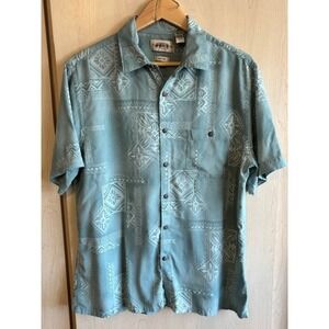 Vintage Campia Moda Mens Hawaiian Leaves Shirt S/S Size Large LG Green Tan Rayon